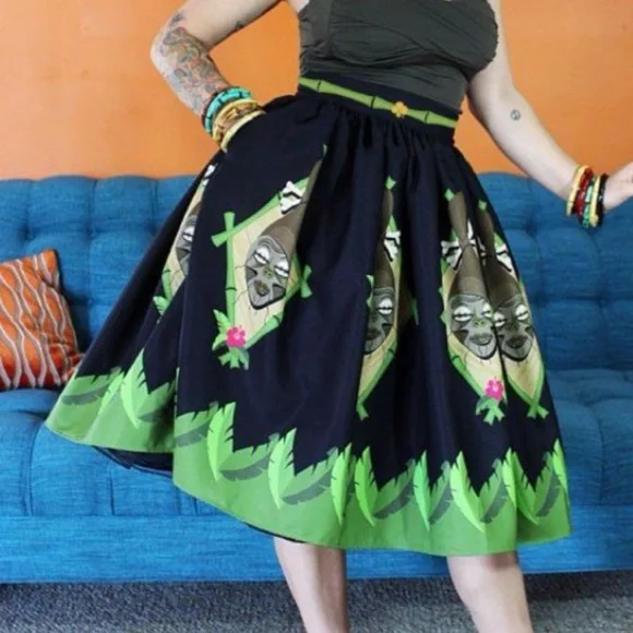 Denialle Von Fitch x The Oblong Box Shop Shrunken Heads Tiki Pinup Skirt XL - Picture 4 of 16